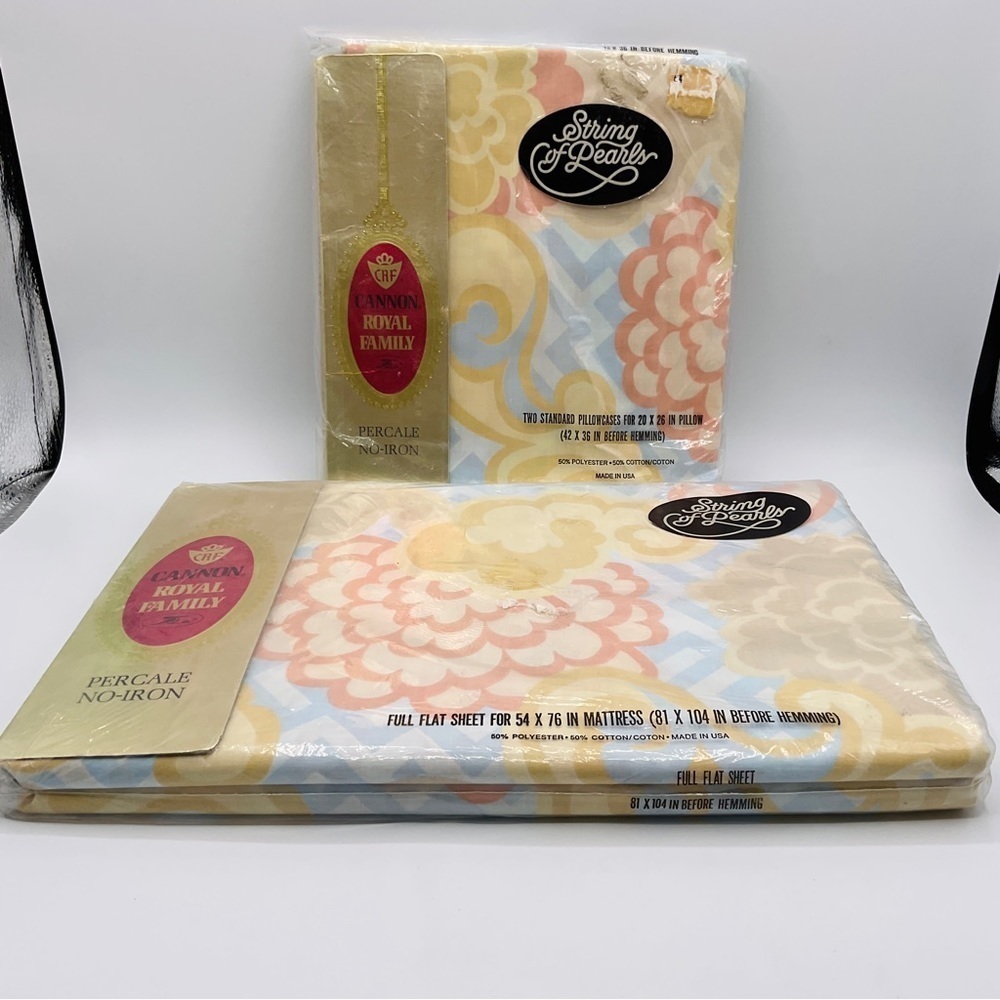 Vtg Cannon Royal Family Full Flat Sheet & Two Pillowcases String Of Pearls NOS
